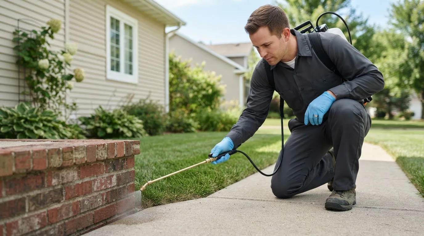 Pest control technician treating a home near Alhambra, IL