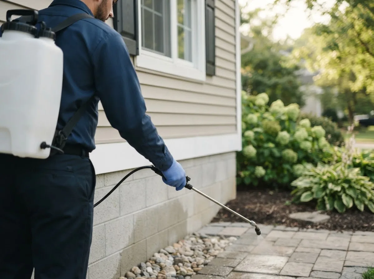 Pest control technician inspecting a home in Alhambra, IL
